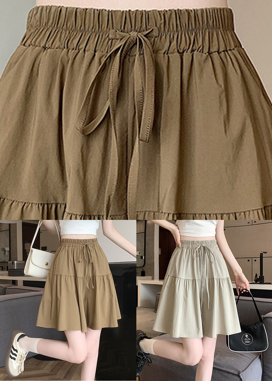 Plus Size Khaki Taschen Elastische Taille Baumwoll Shorts Sommer QE002