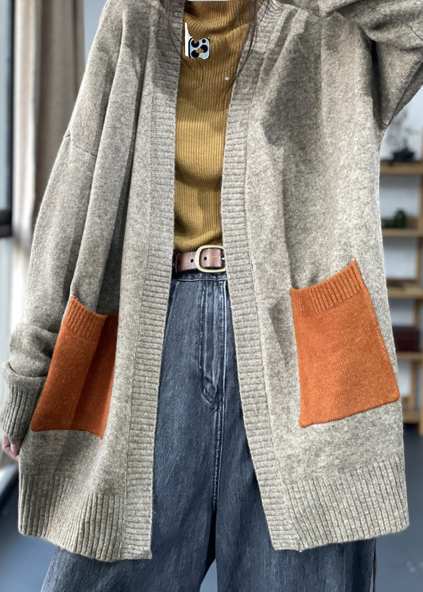 Übergröße Khaki Taschen Patchwork Strickjacke Herbst OO005