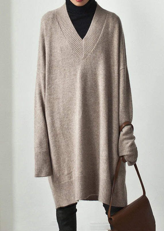 Übergröße Khaki V-Ausschnitt Oversize Strickpullover Kleid Frühling TF003