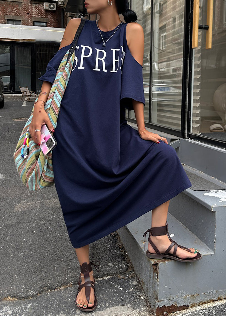 Größe Plus Blau Kalt Maxi Navy Grafik Kleid Urlaub Schulter