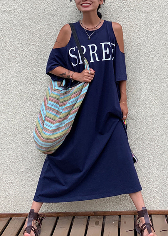 Größe Plus Blau Kalt Maxi Navy Grafik Kleid Urlaub Schulter