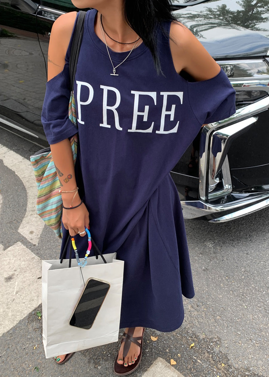 Größe Plus Blau Kalt Maxi Navy Grafik Kleid Urlaub Schulter