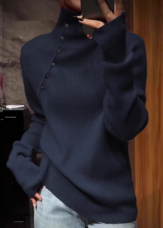 Plus Size Marineblauer Strickpullover mit hohem Kragen, Frühling, TN010