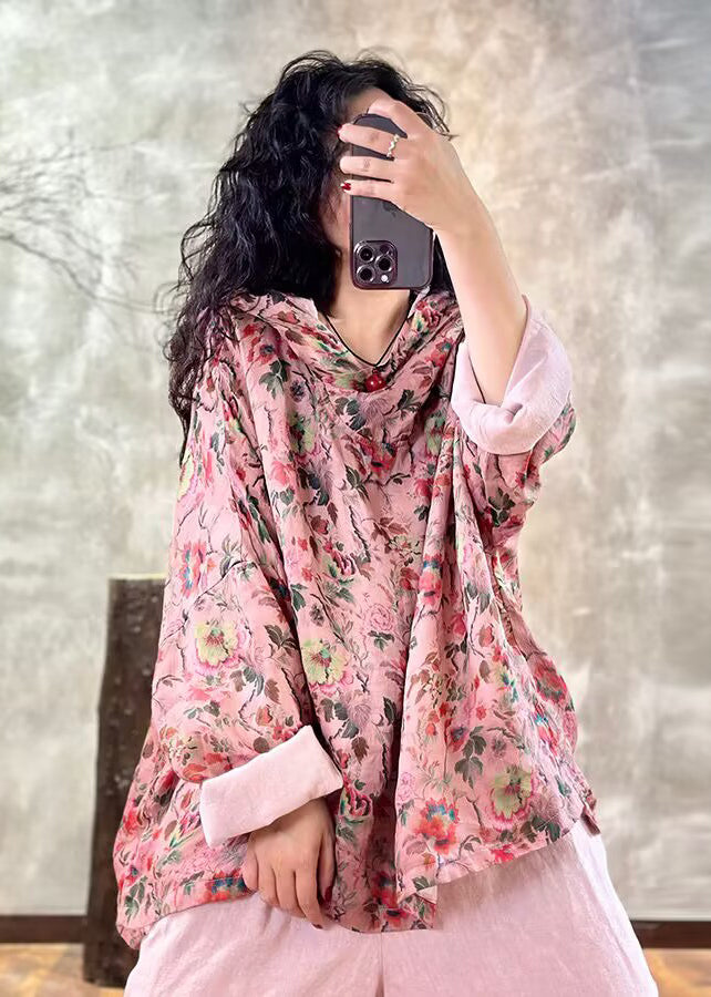 Plus Size Pink Oversized Print Linen Hooded Pullover Top Spring TM005