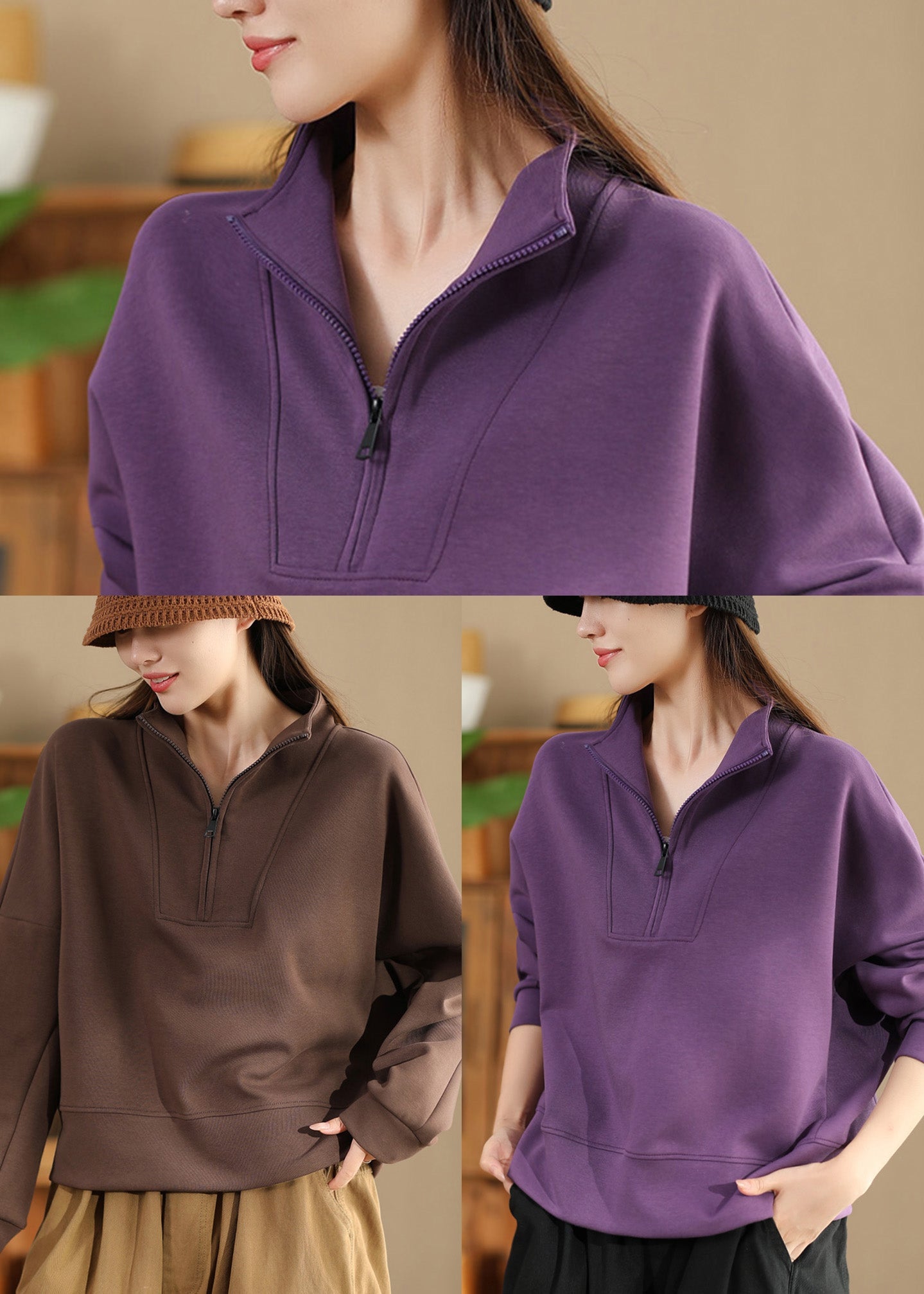 Plus Size Lila Baumwollpullover mit Reißverschluss Streetwear Frühling TM043