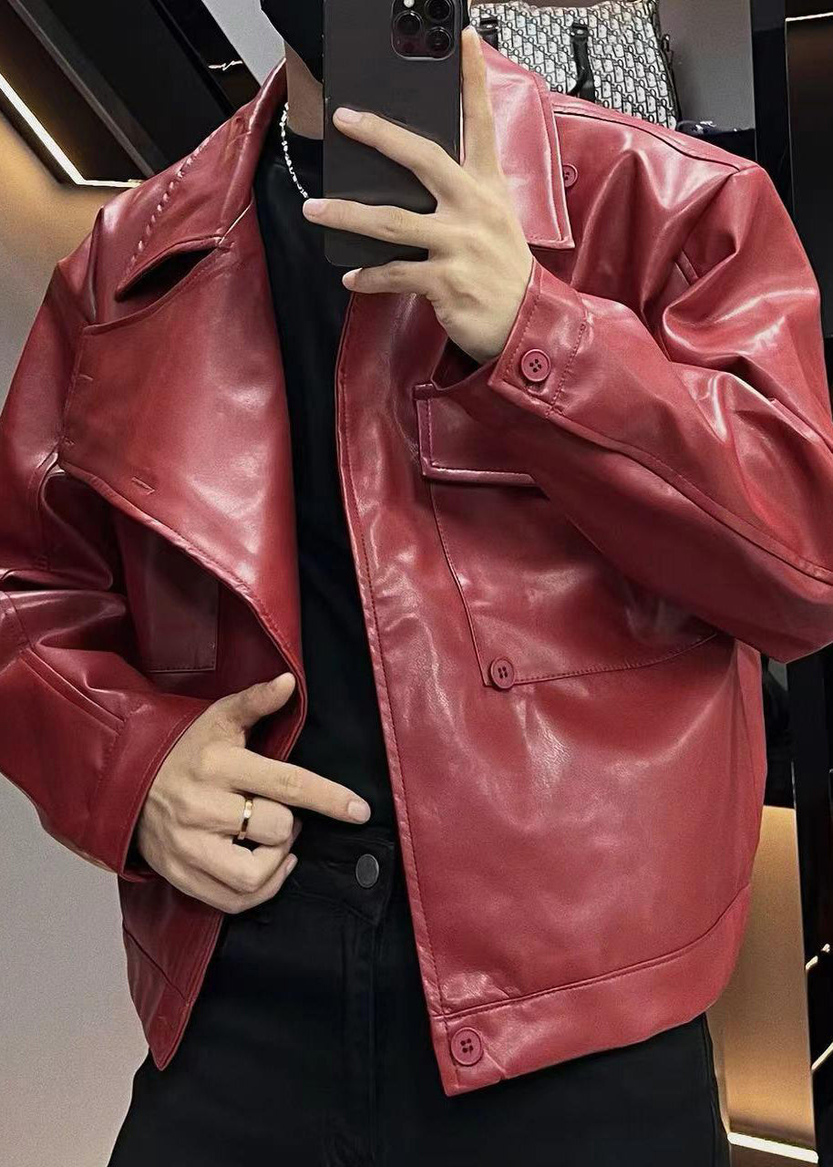 Plus Size Rot Asymmetrische Knopf Kunstleder Herren Mäntel Frühling RN019