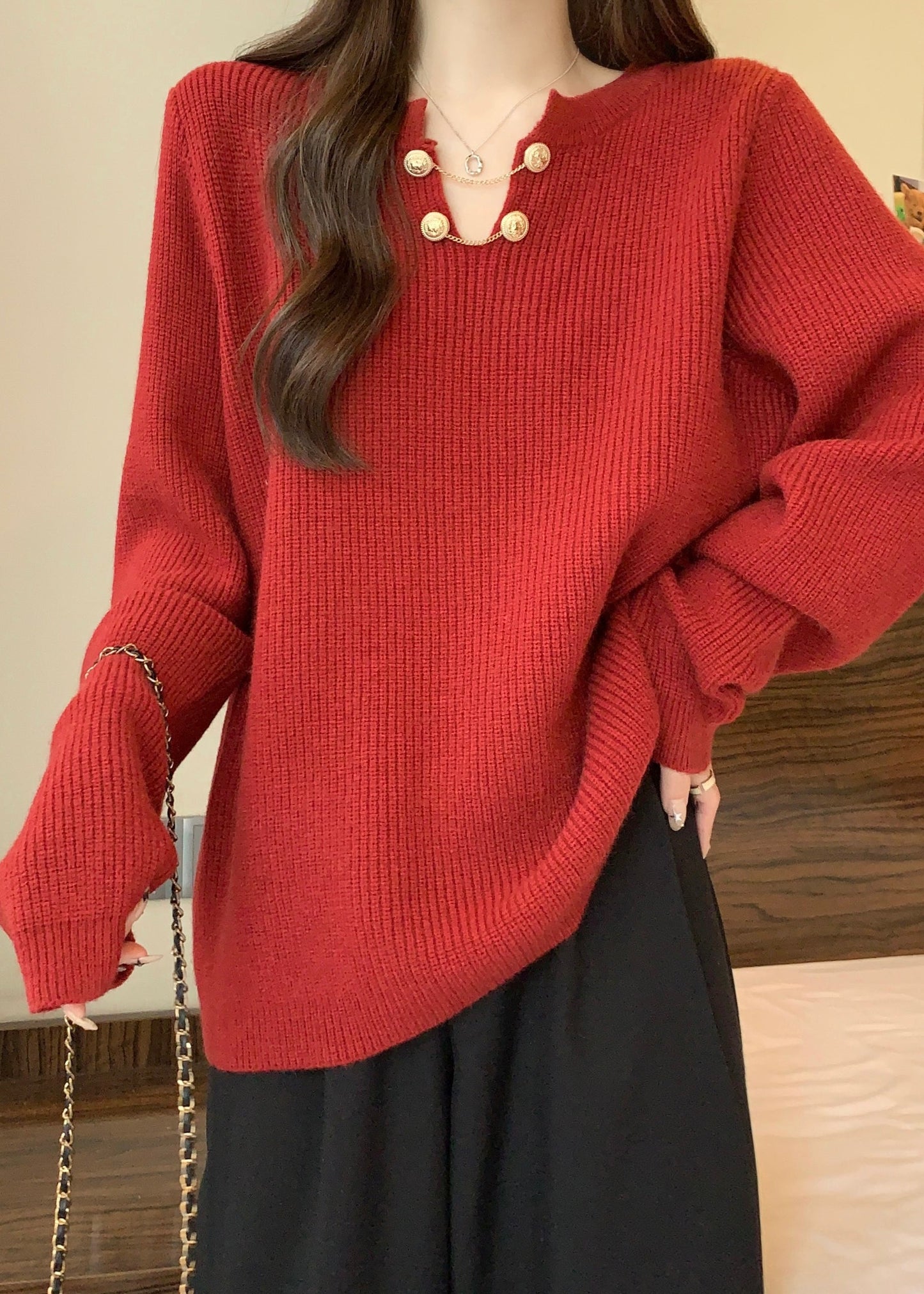 Pull en tricot épais et chaud à col en V rouge grande taille pour l'hiver RG032