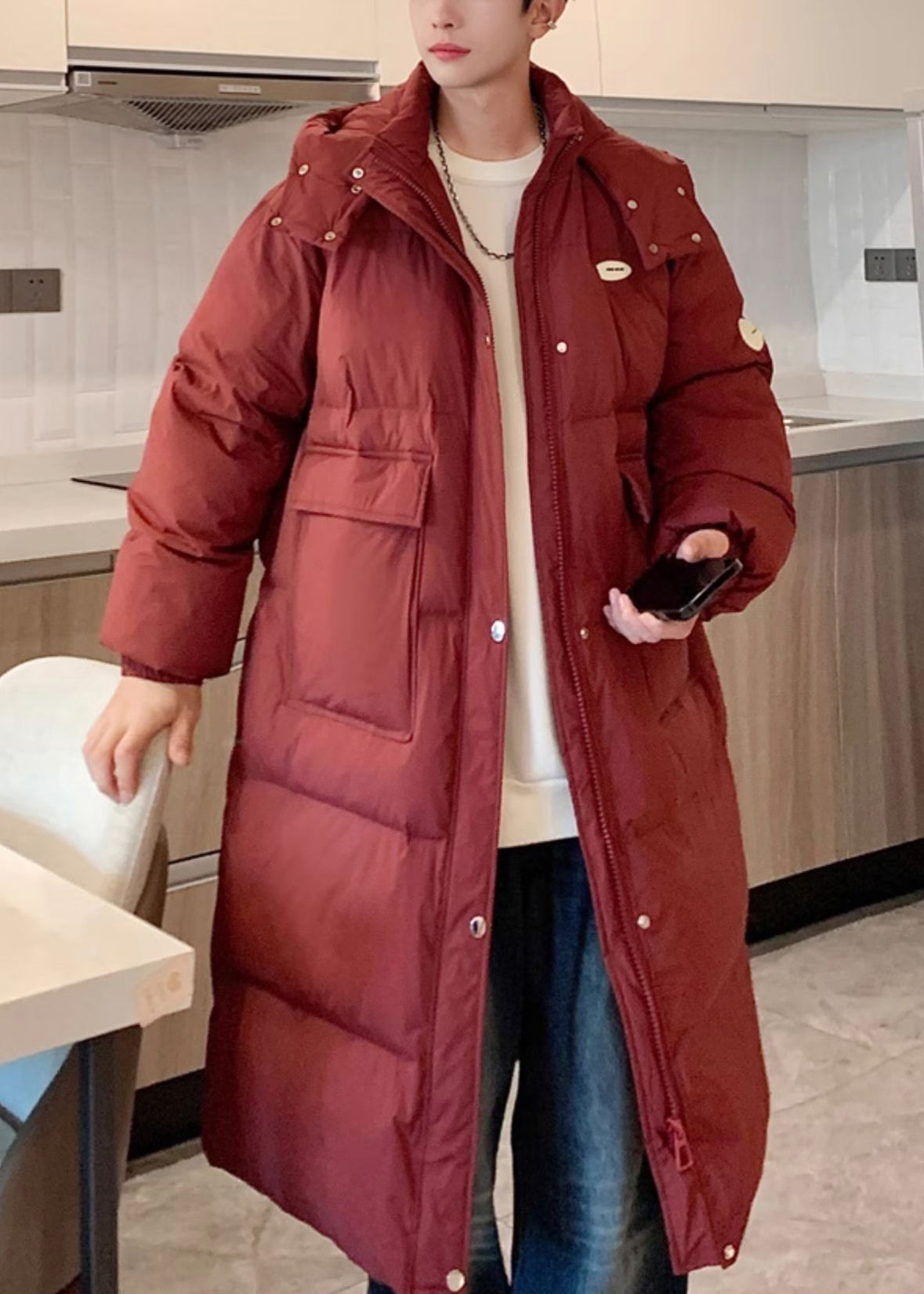 Plus Size Weinrot Kapuzentaschen Herren Lange Parkas Winter RM007