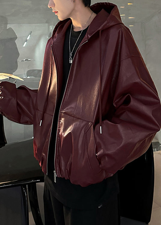 Manteau homme grande taille en similicuir rouge vin à capuche et fermeture éclair, printemps RN020
