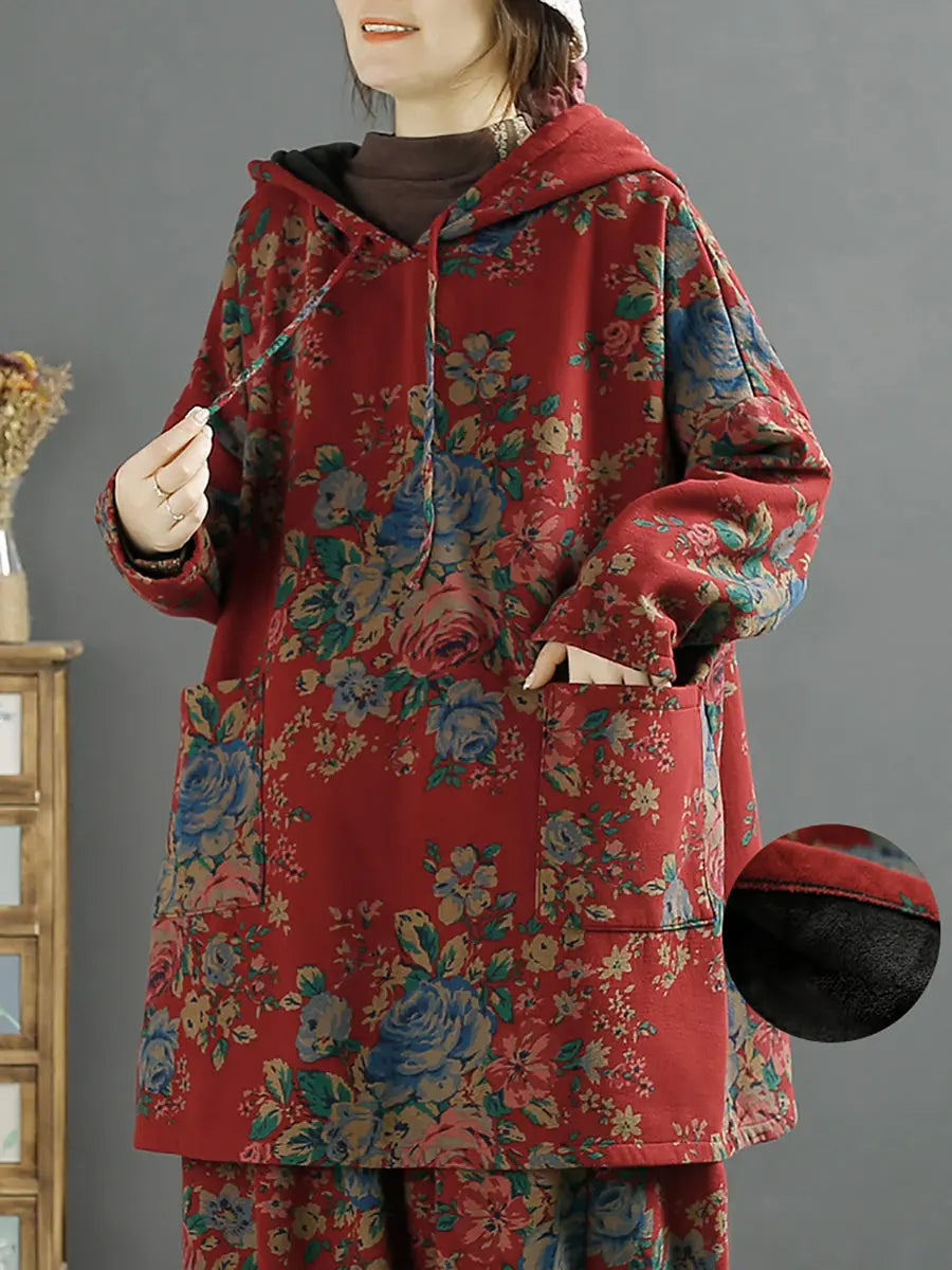 Plus Size Women Vintage Floral Autumn Warm Hooded Shirt Ada Fashion
