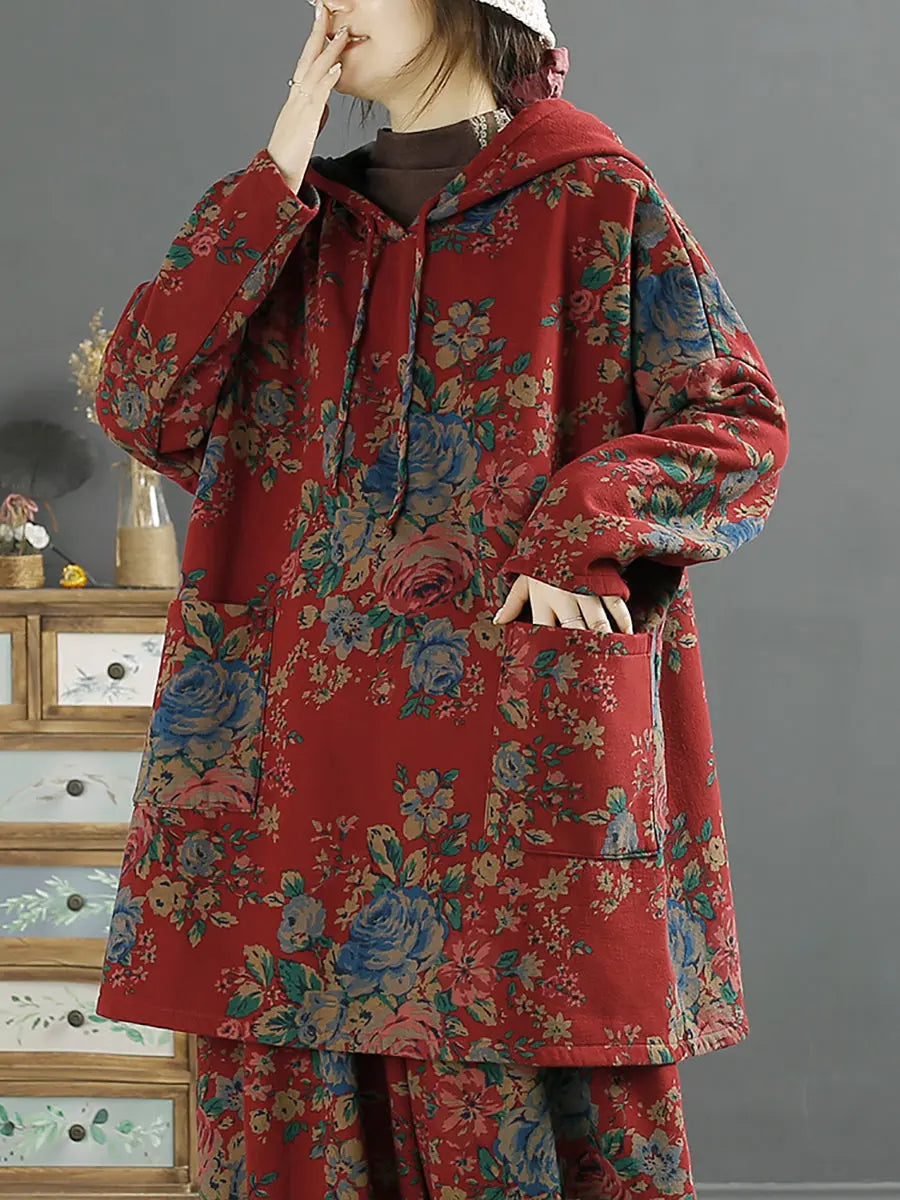 Plus Size Women Vintage Floral Autumn Warm Hooded Shirt Ada Fashion