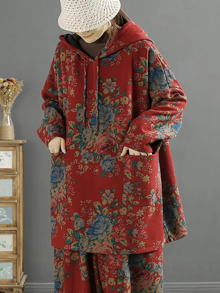 Plus Size Women Vintage Floral Autumn Warm Hooded Shirt Ada Fashion