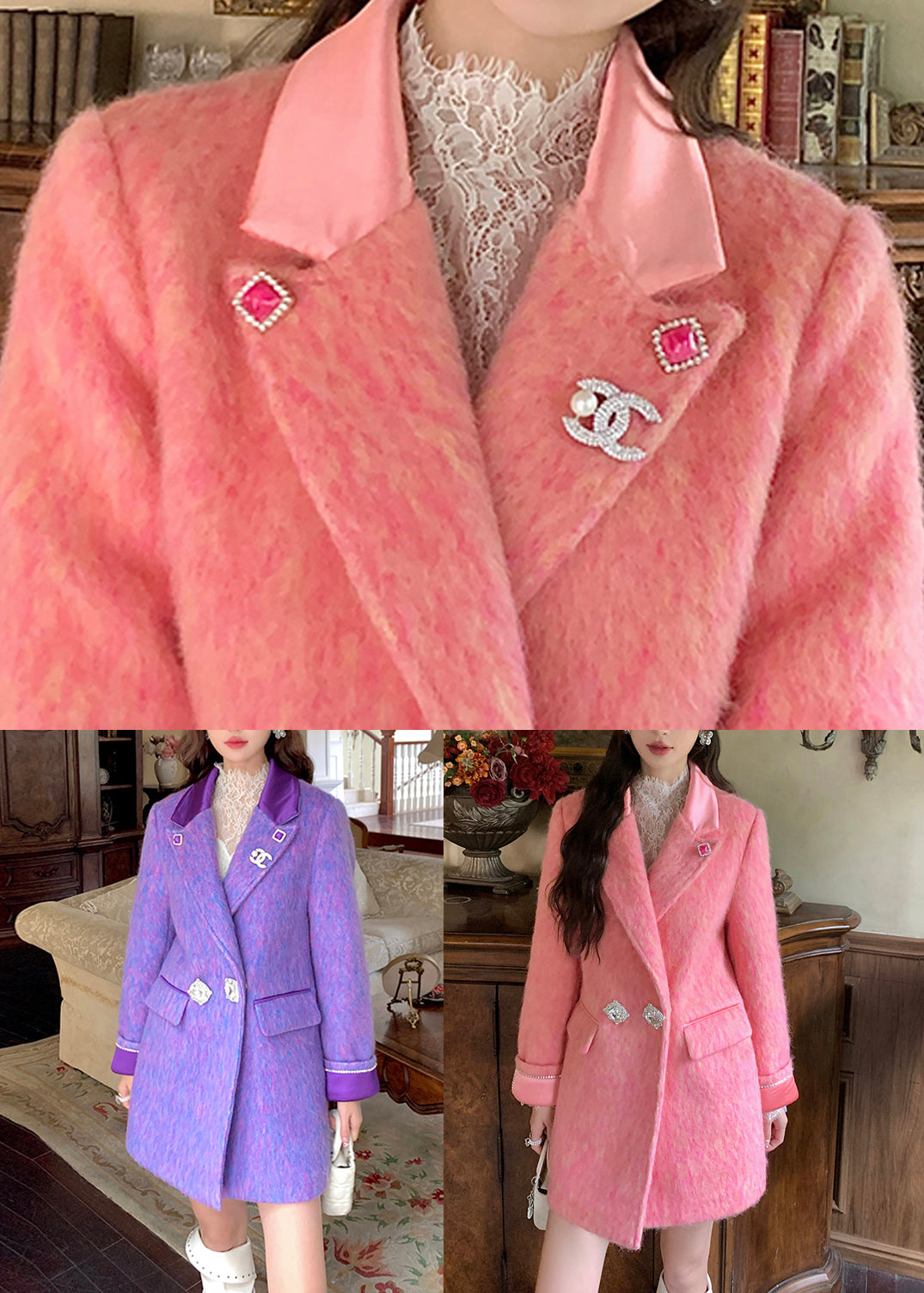 Lila Knopftaschen Wollmantel Peter Pan Kragen Winter WM014