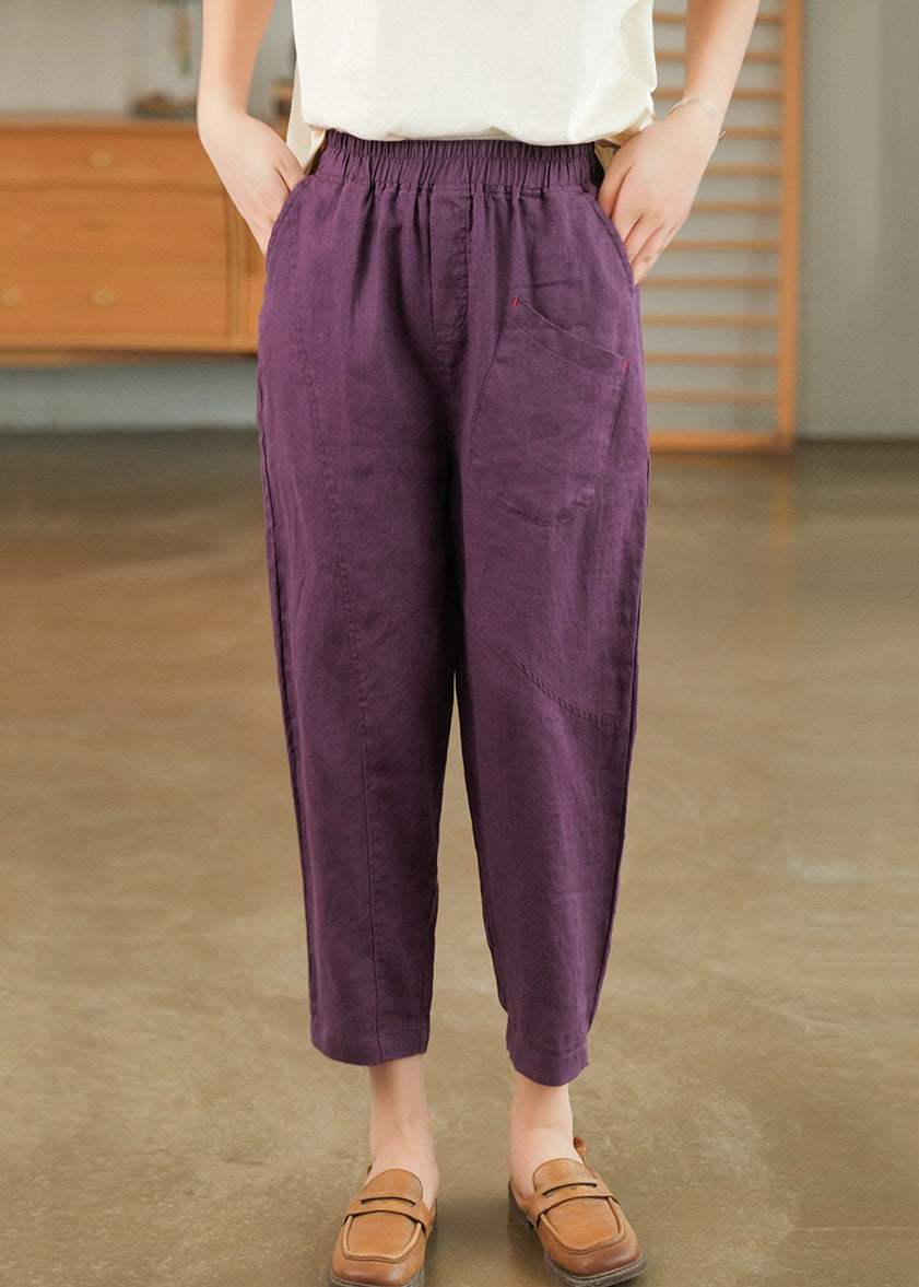 Pantalon d'été sarouel en coton violet avec poches élastiques