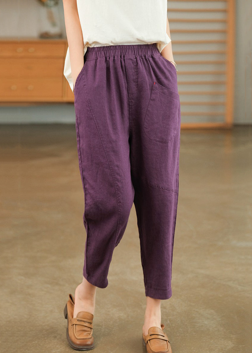 Pantalon d'été sarouel en coton violet avec poches élastiques