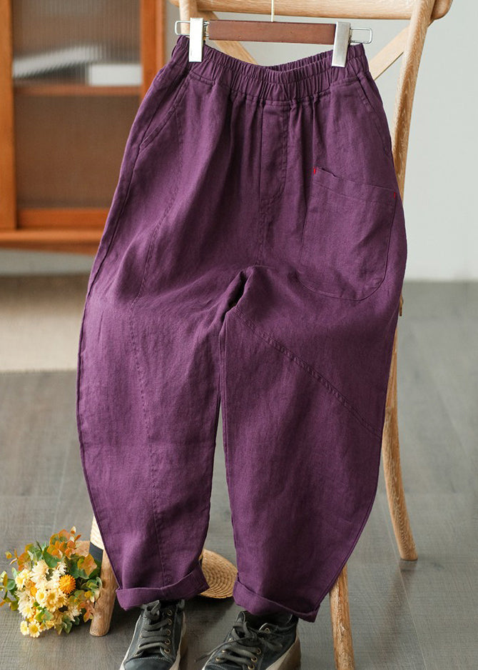 Pantalon d'été sarouel en coton violet avec poches élastiques
