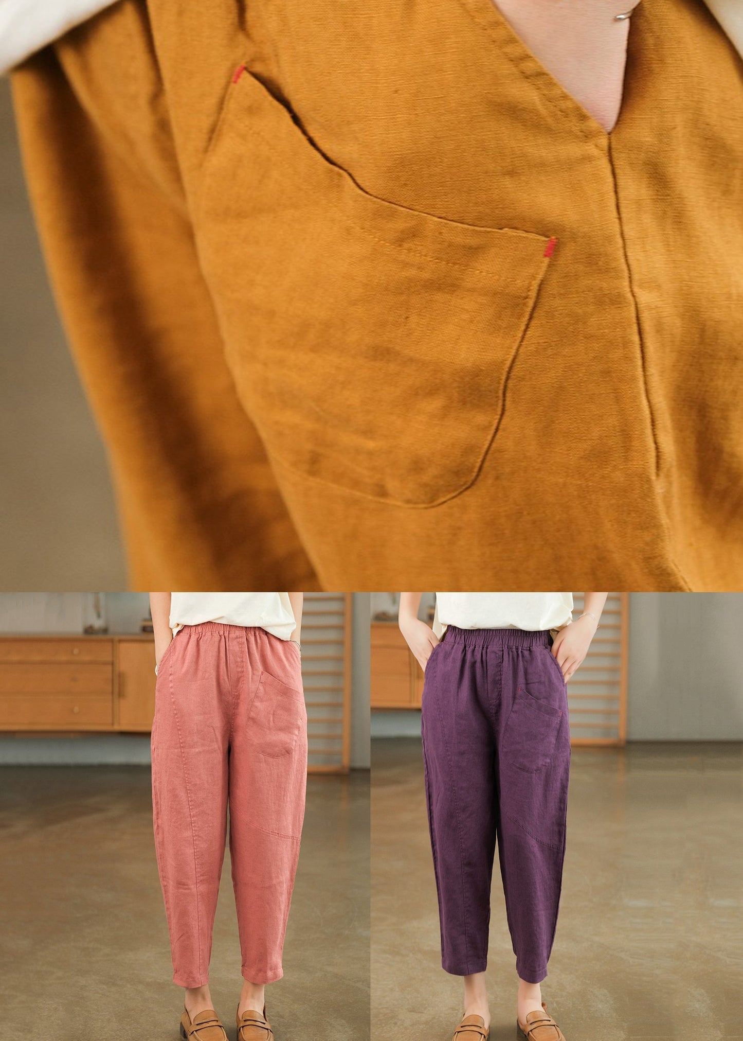 Pantalon d'été sarouel en coton violet avec poches élastiques