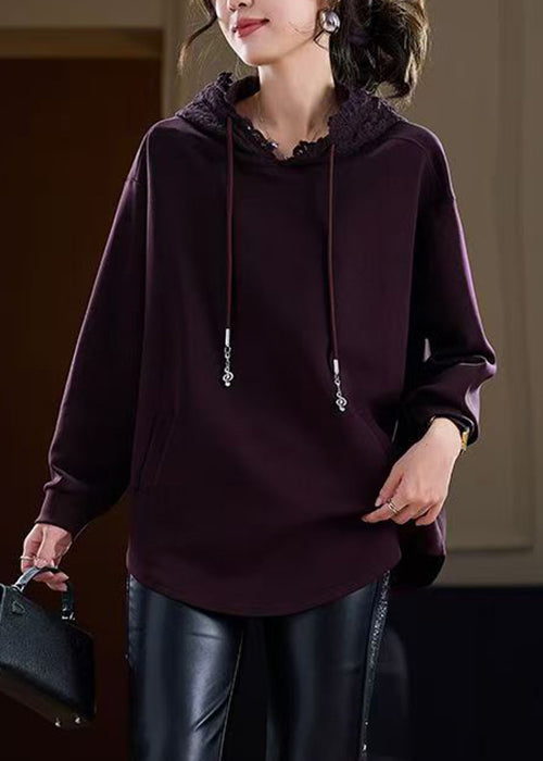 Cotton Pockets Hooded Fall Purple Sweatshirts Solid