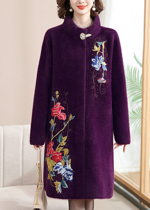 Manteau en laine imprimé violet à boutons, maxi, printemps TA031