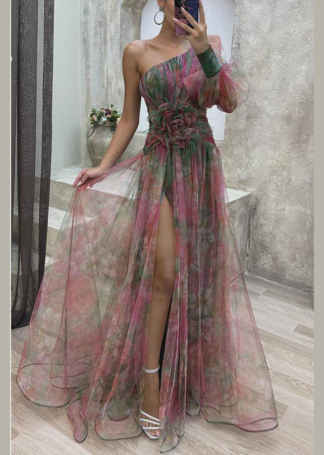 Kleid Chiffon Lila Sommer Offene Schulter Print Seite Eins