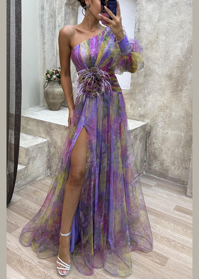 Kleid Chiffon Lila Sommer Offene Schulter Print Seite Eins