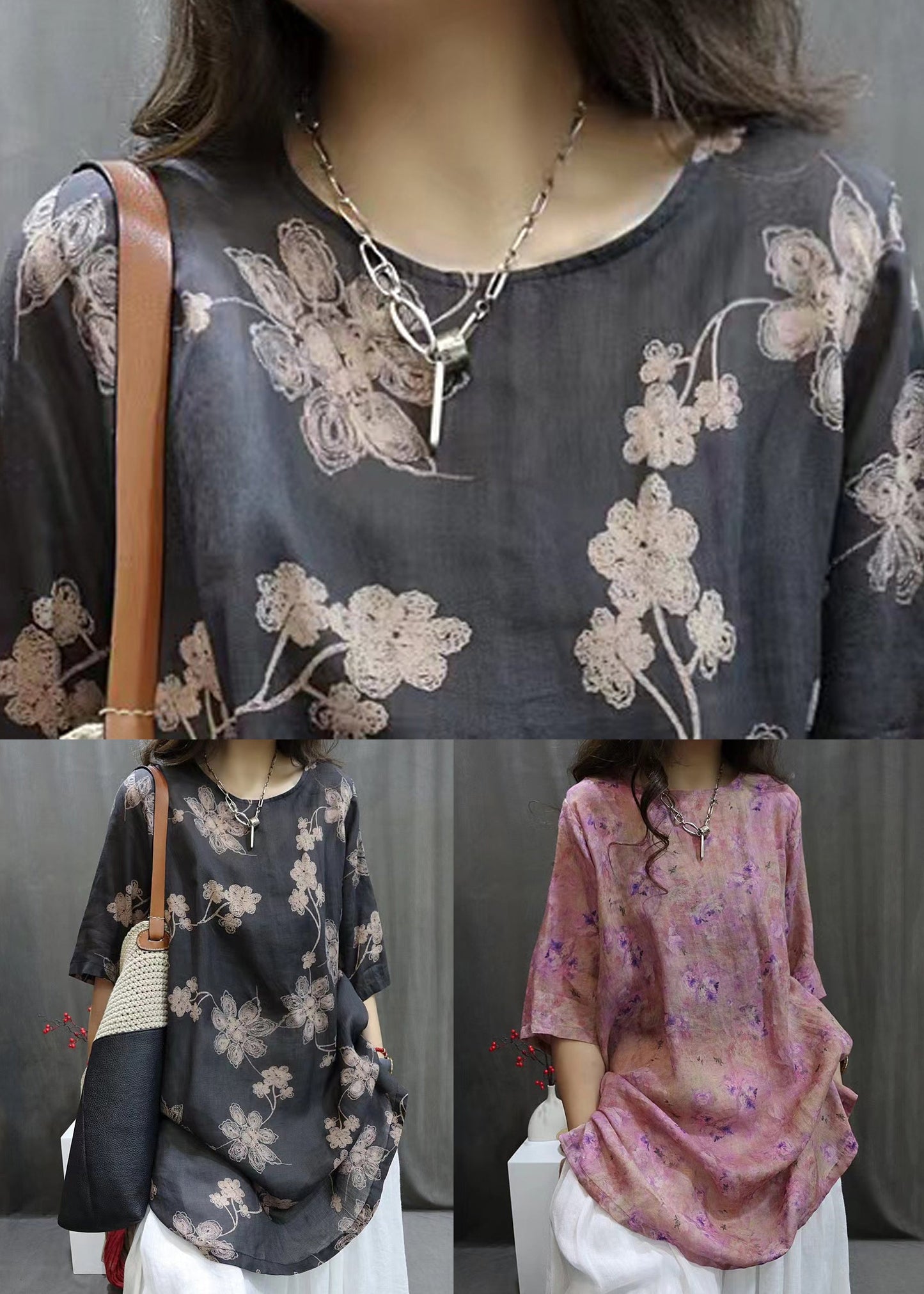 Lila seitlich offene Leinenbluse O-Ausschnitt Sommer VV094
