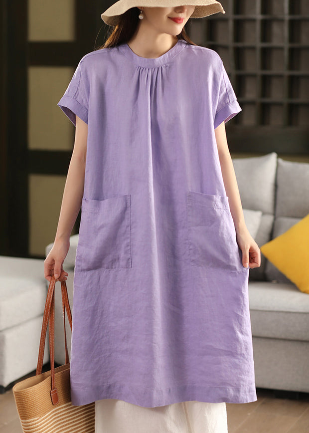 O Offenes Leinenkleid mit festem Halsausschnitt Lila Seite