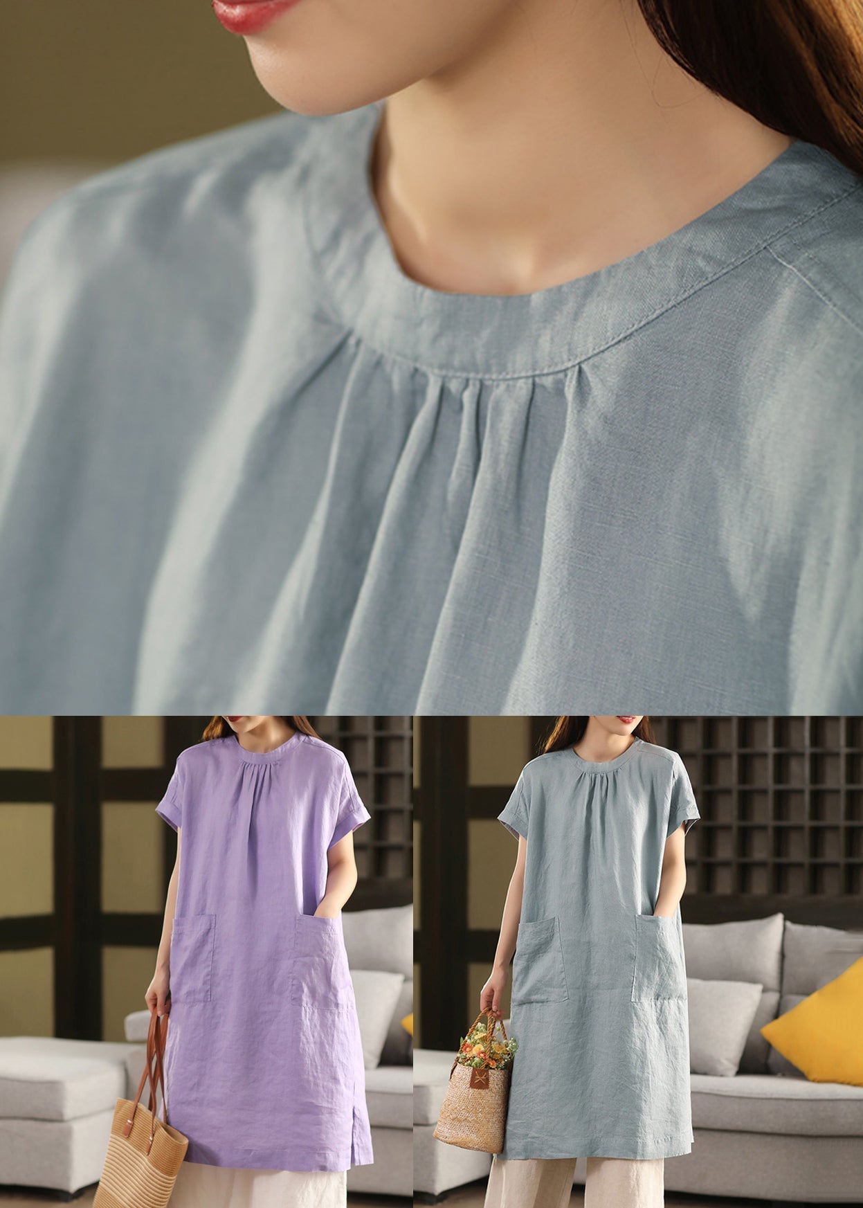 O Offenes Leinenkleid mit festem Halsausschnitt Lila Seite