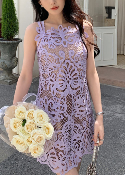 Spitze Hohl Solide Spaghetti Strap Kleid Sommer Lila Aus