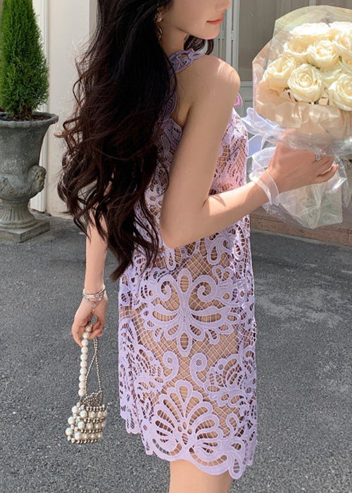 Spitze Hohl Solide Spaghetti Strap Kleid Sommer Lila Aus
