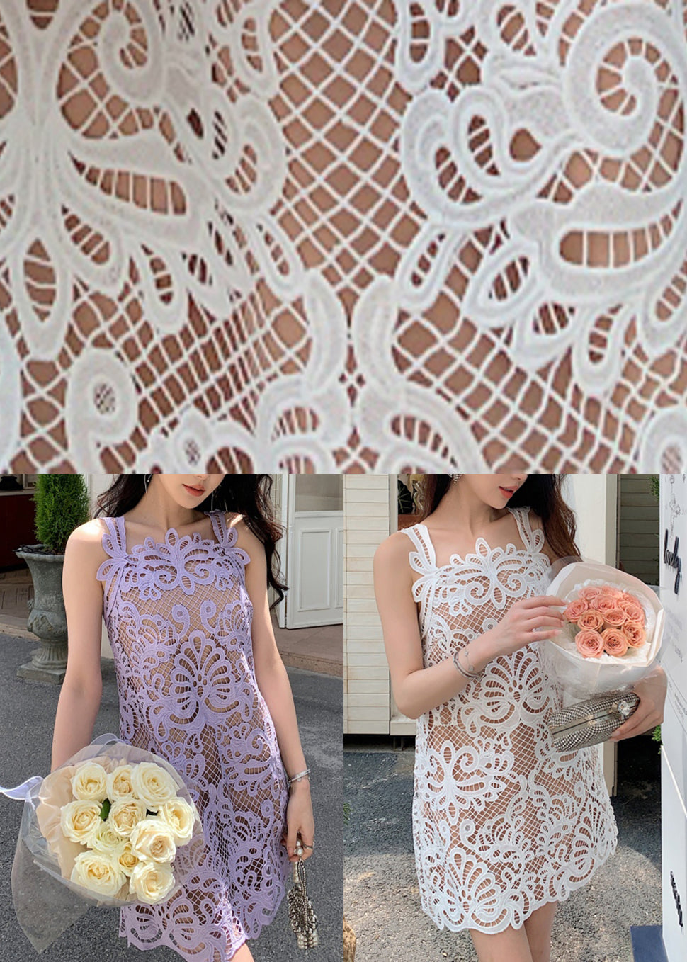 Spitze Hohl Solide Spaghetti Strap Kleid Sommer Lila Aus