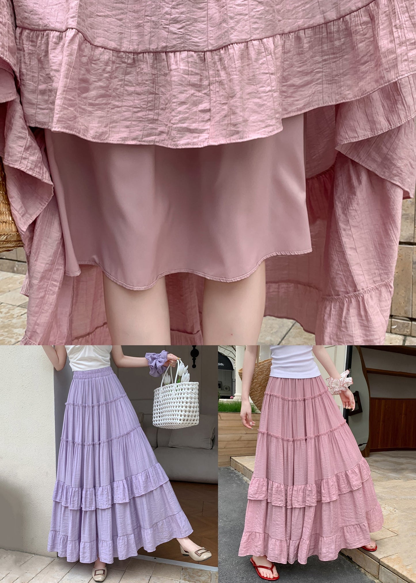 Patchwork Cotton Solid Ruffled Summer Purple Skirts Maxi
