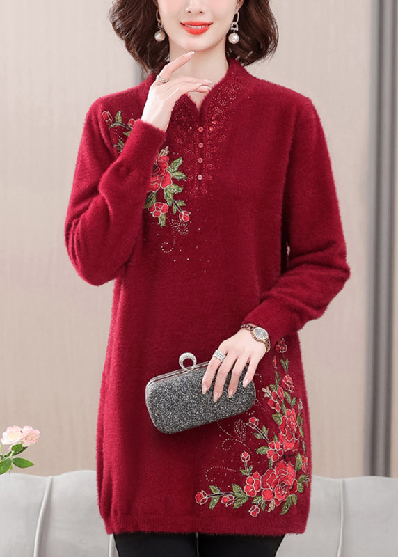 Roter gemütlicher Nerzsamtpullover mit Stickereien, Frühling TA026