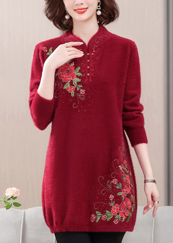 Roter gemütlicher Nerzsamtpullover mit Stickereien, Frühling TA026