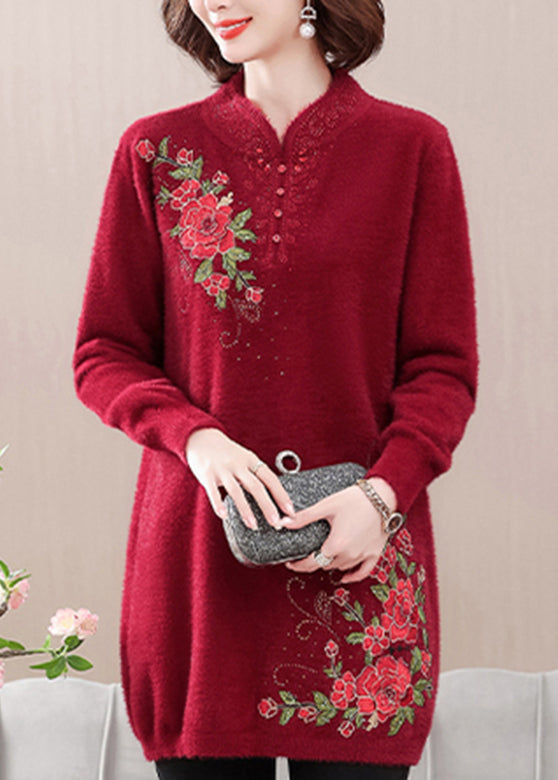Roter gemütlicher Nerzsamtpullover mit Stickereien, Frühling TA026