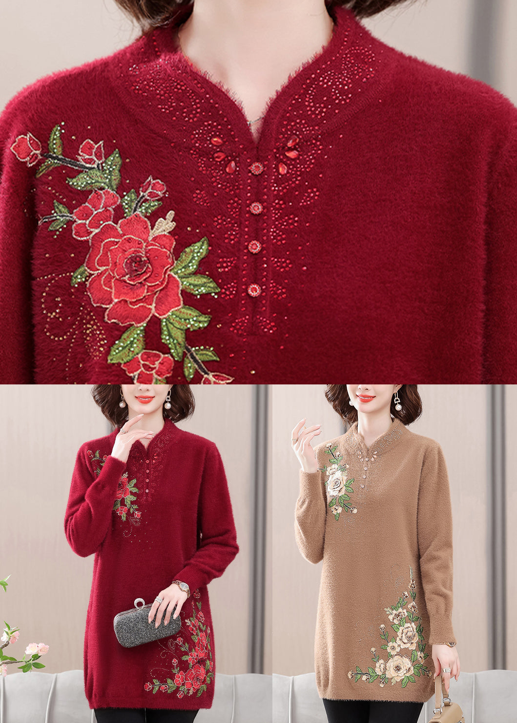 Roter gemütlicher Nerzsamtpullover mit Stickereien, Frühling TA026