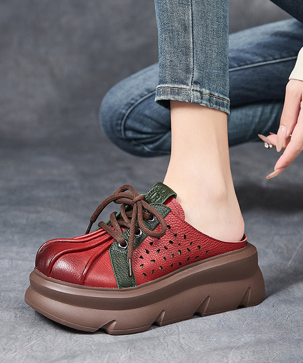Red Hollow Out Lace Up Splicing Platform Slide Sandals YC017