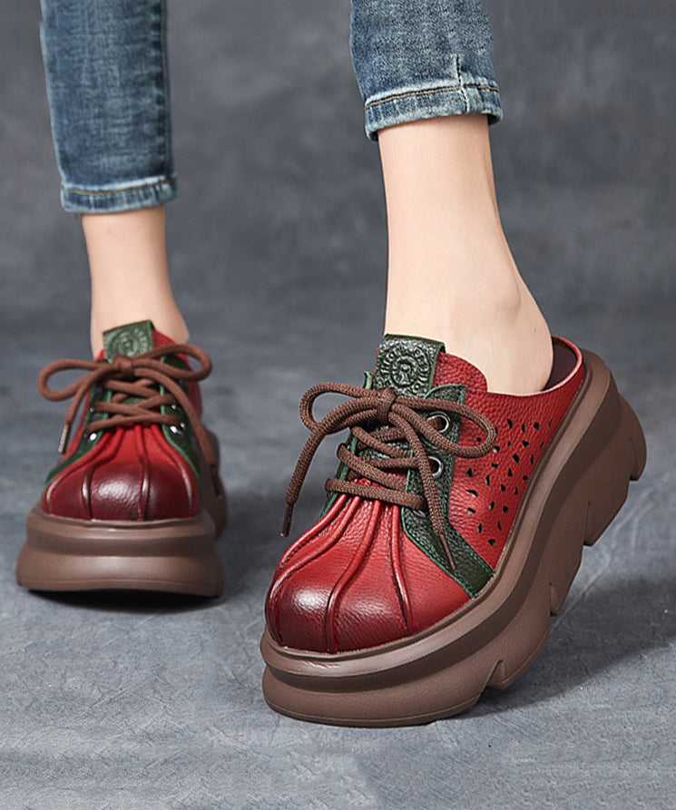 Red Hollow Out Lace Up Splicing Platform Slide Sandals YC017