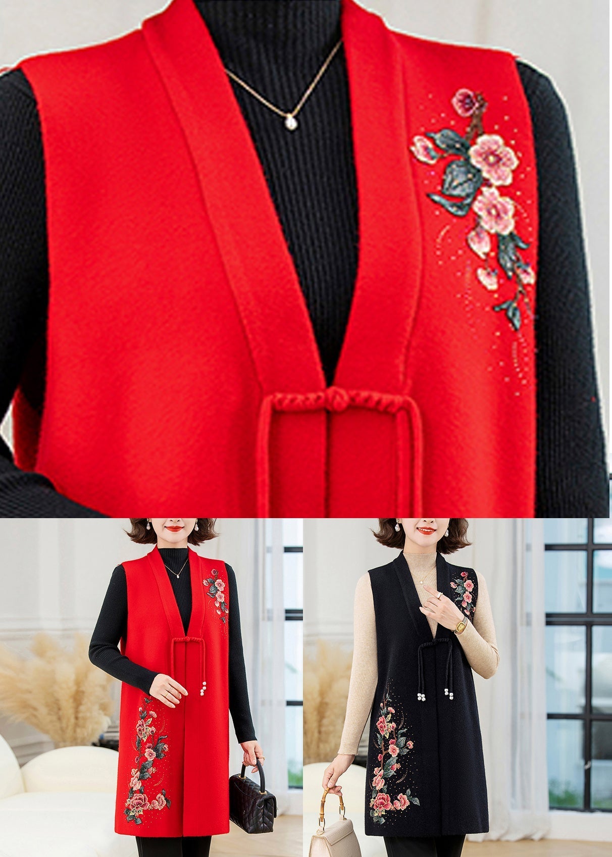 Rote lange Wollstrickweste mit Blumenstickerei, ärmellos TA028