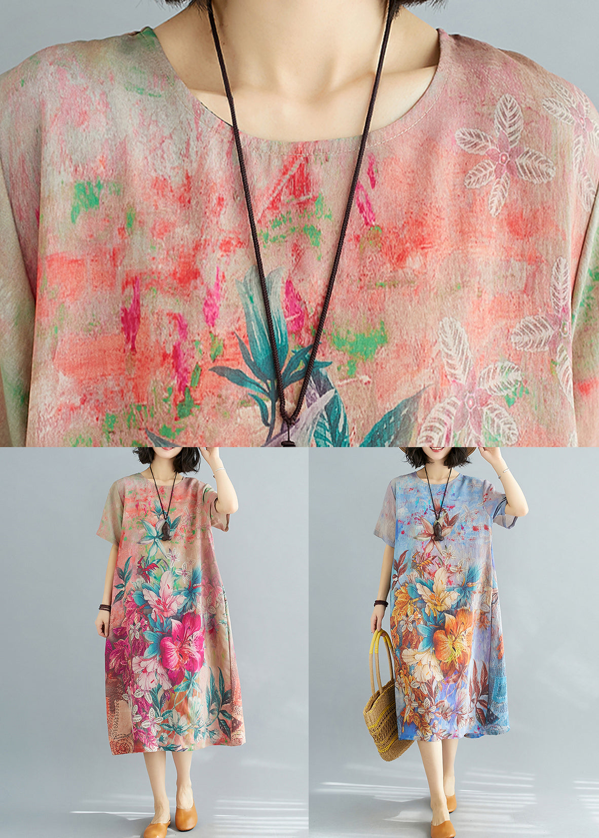 Rotes Baumwollkleid mit Taschen, Rundhalsausschnitt, kurze Ärmel, JH027