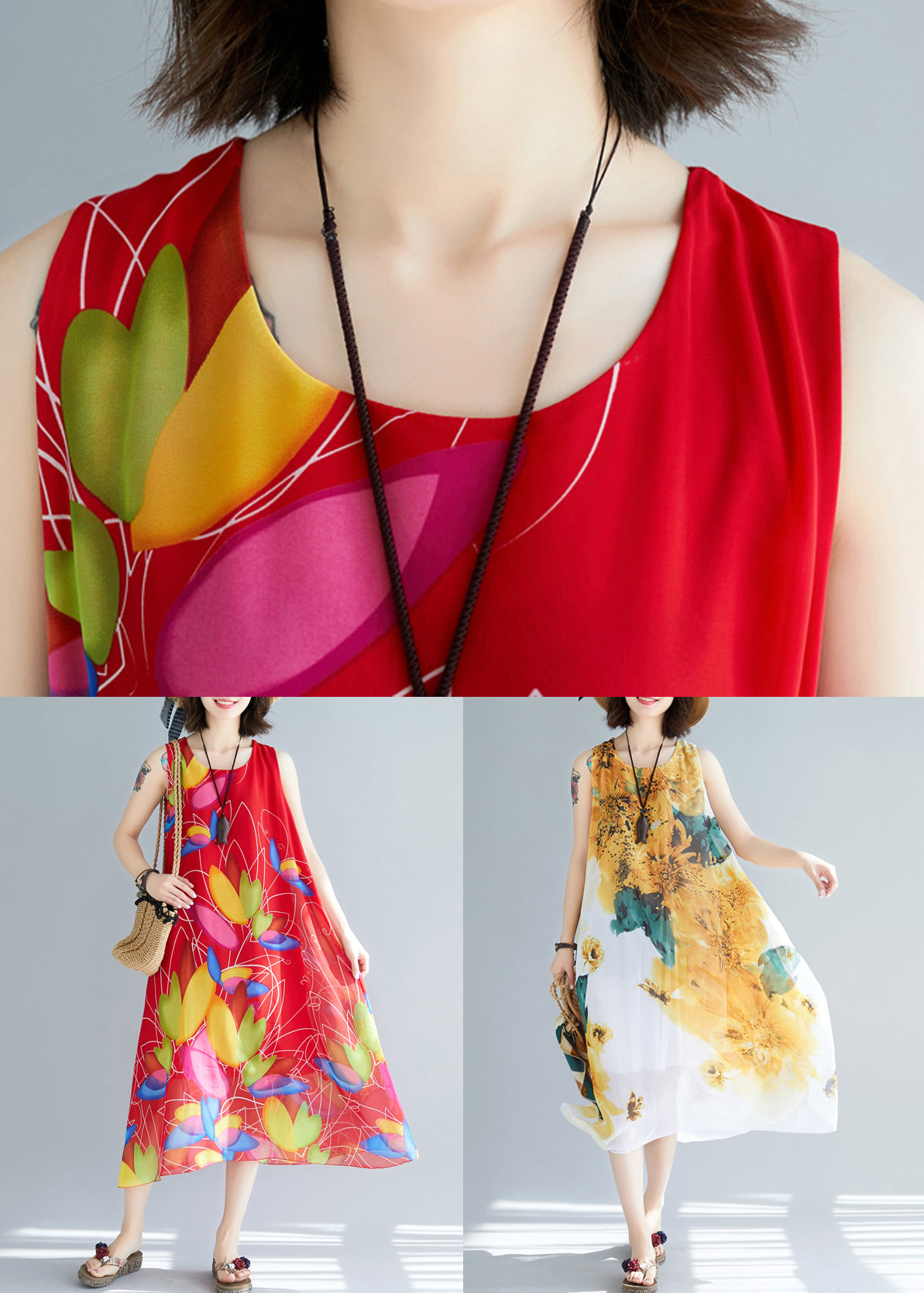 Rot Print Chiffon Urlaub Kleider O Neck Sommer JH042