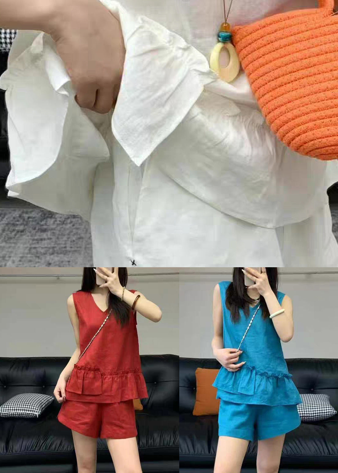 Neck Set Red Sleeveless Two Linen V Pieces Ruffled Pockets