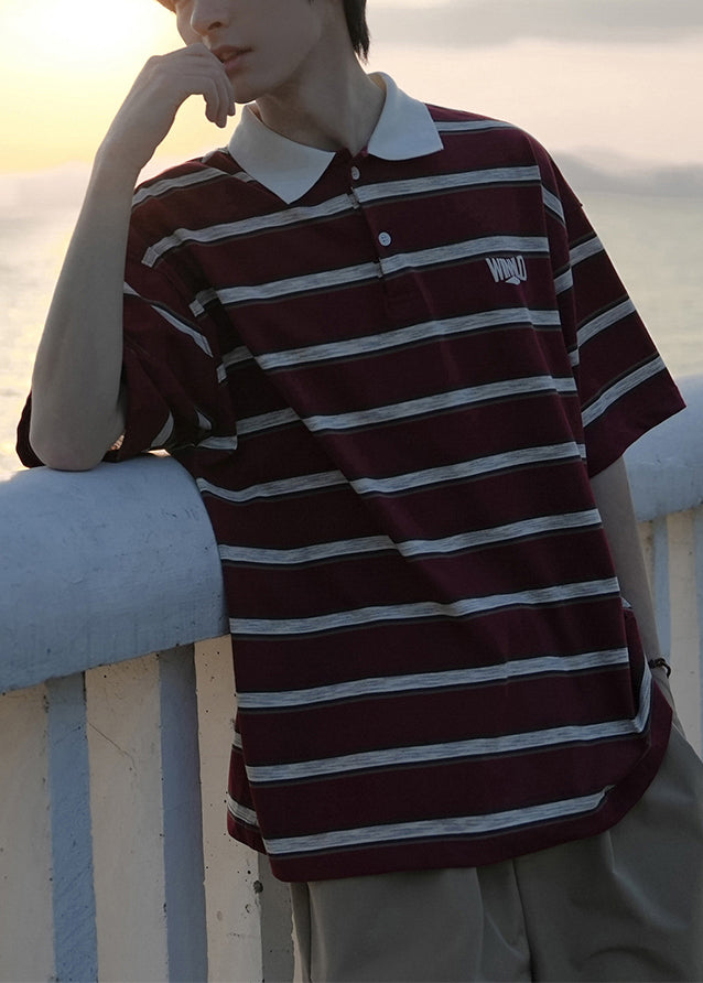 Lose Herren Button gestreiften roten Hemden Baumwolle Polo