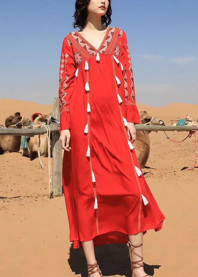 Langes Patchwork-Kleid mit Quastenhalsausschnitt, Herbst-Baumwollkleid, Rot, V