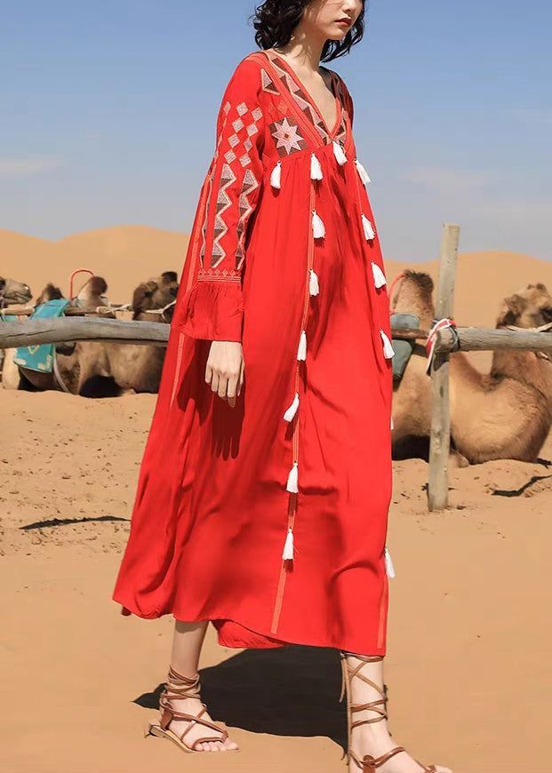 Langes Patchwork-Kleid mit Quastenhalsausschnitt, Herbst-Baumwollkleid, Rot, V