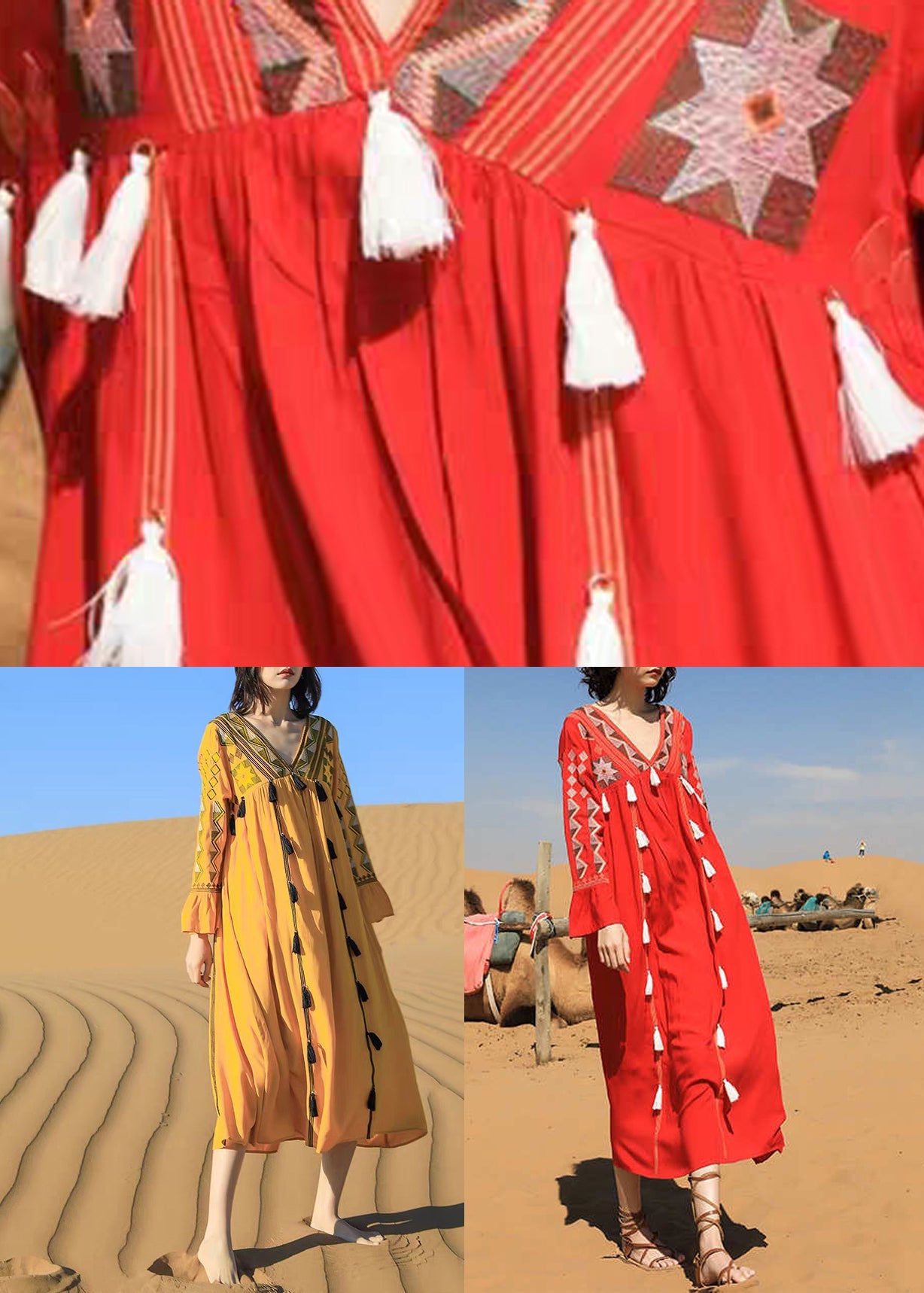 Langes Patchwork-Kleid mit Quastenhalsausschnitt, Herbst-Baumwollkleid, Rot, V