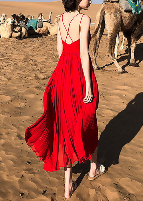 Neck Solid Sommer Spaghetti Rot Kleid Faltig Strap Chiffon V