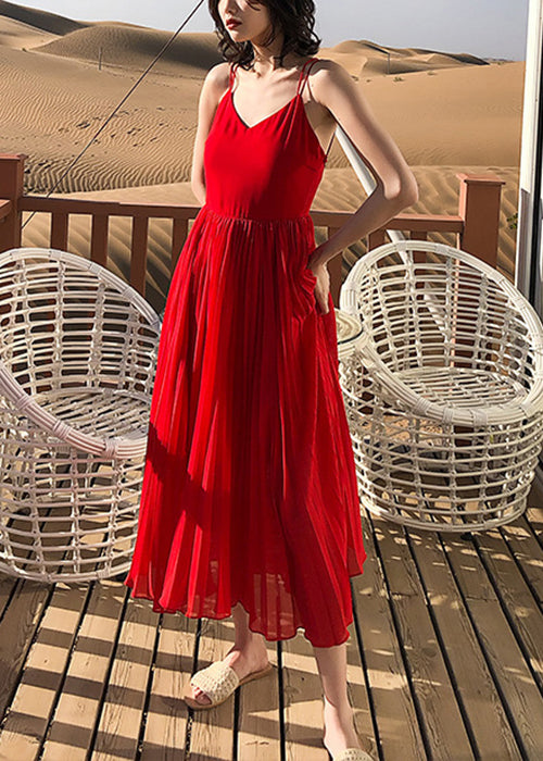 Neck Solid Sommer Spaghetti Rot Kleid Faltig Strap Chiffon V
