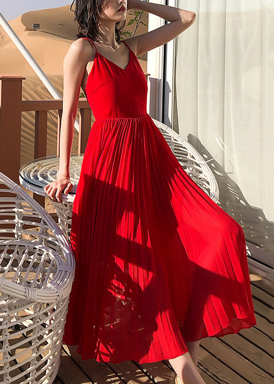 Neck Solid Sommer Spaghetti Rot Kleid Faltig Strap Chiffon V