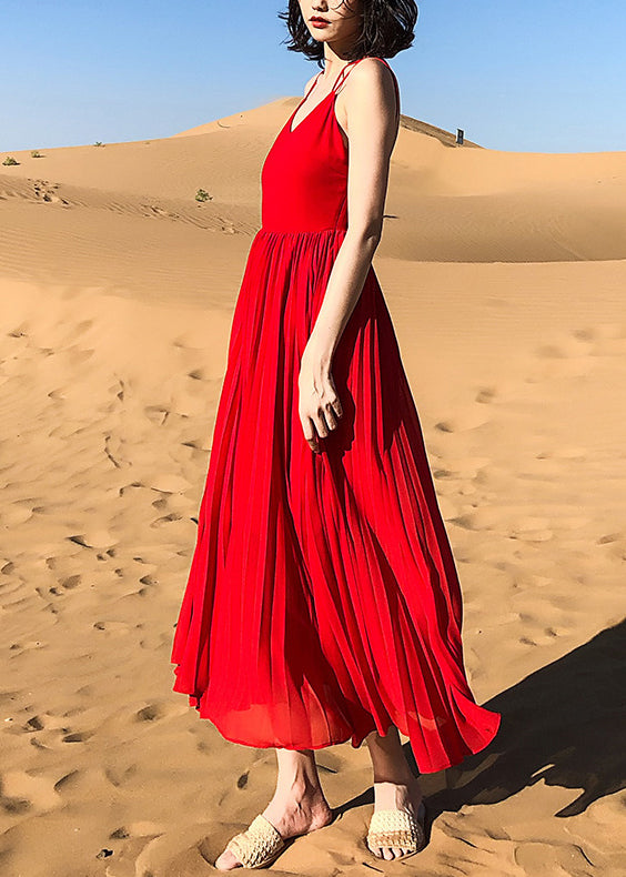 Neck Solid Sommer Spaghetti Rot Kleid Faltig Strap Chiffon V